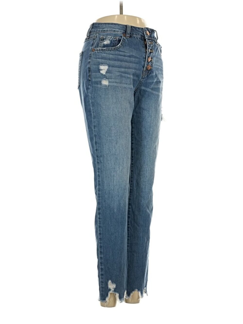 Blue Rewash High Rise Straight Leg Jeans with Distressed Ankle Detailing